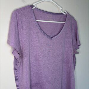TALBOTS Linen Blend Tee Purple Womens L Short Sleeve Satin Back Hi-Lo Hem